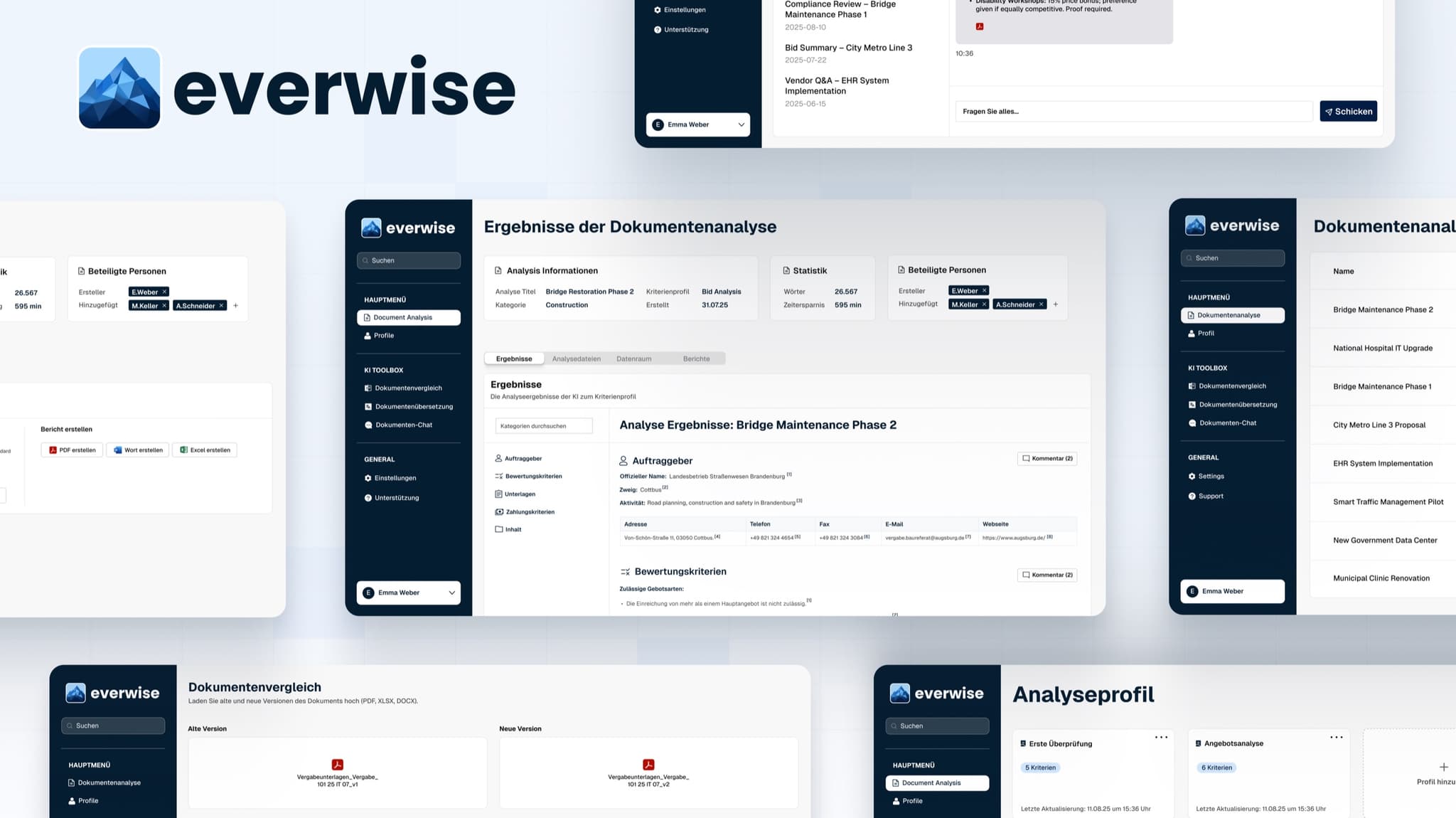 Everwise KI-Dokumentenanalyse-Dashboard mit extrahierten Anforderungen aus einer Mobilitäts- und Verkehrs-Ausschreibung